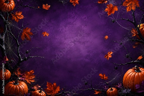 halloween background with pumpkin Spooky Halloween Purple Background Frame with Pumpkins, Spider Webs, Creepy Branches, and Autumn Leaves with Copy Space