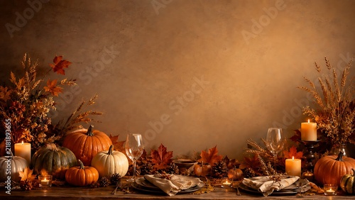 halloween background with pumpkins Cozy Thanksgiving Dinner Table Setting with Pumpkins, Autumn Leaves, Burning Candles, and Glasses with Copy Space
