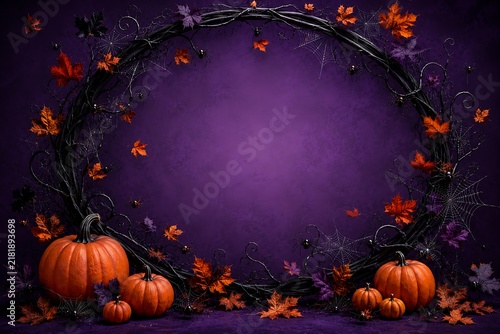 Halloween Spooky Purple Background with Wreath Frame, Orange Pumpkins, Spider Webs, and Autumn Leaves with Copy Space