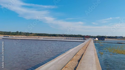Panoramic scenic view of the historic salt pans and wetlands at Solana Nin in Croatia. Evaporation basins, concrete pathways, and lush aquatic vegetation under a clear blue sunny sky in Dalmatia.
