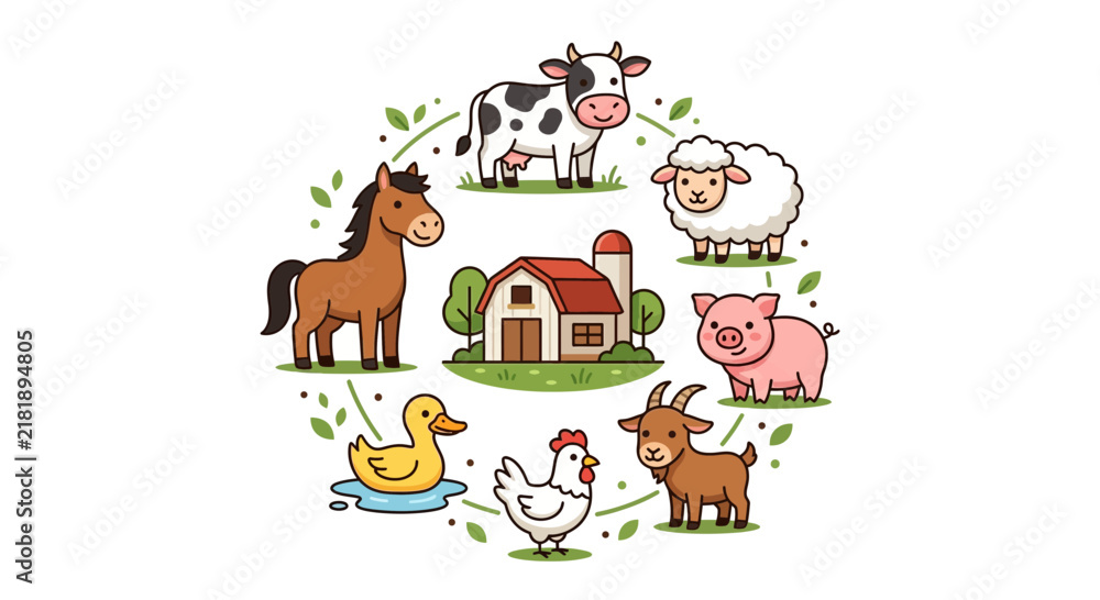 Naklejka premium Cute Flat Vector Illustration of Farm Animals and Red Barn House