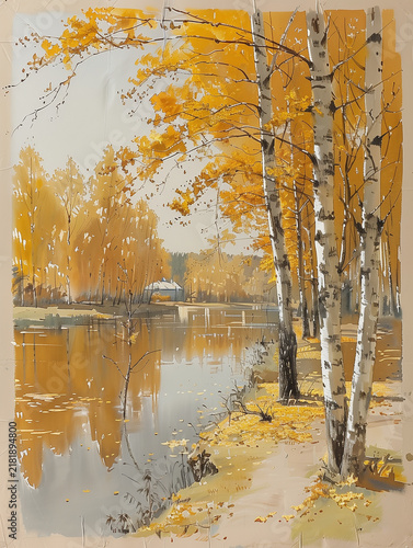 Autumn Birch Forest Reflected in a Peaceful Lake Watercolor Painting
