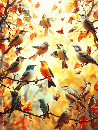 Colorful Birds Among Autumn Leaves in a Watercolor Painting