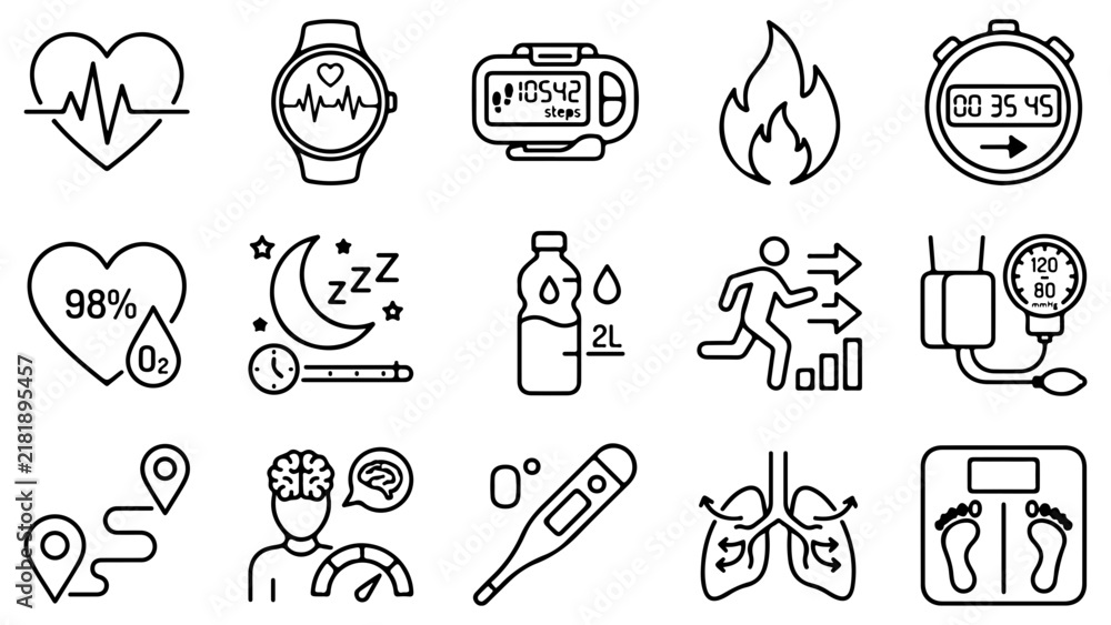 Fototapeta premium Set of simple black line health and fitness icons depicting exercise tracking and body monitoring