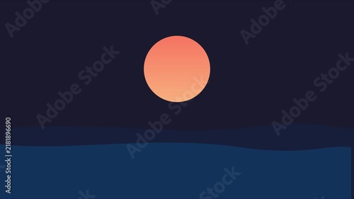 Minimalist night ocean landscape with glowing full moon motion animation 4k background