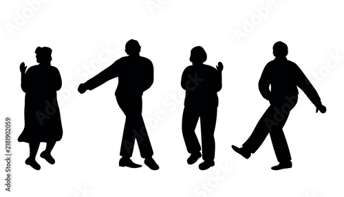 Dancing Senior People. Black Silhouettes. Elderly people. Old Men, Old Women have fun and dance. Positive active people. Vector illustration on White background