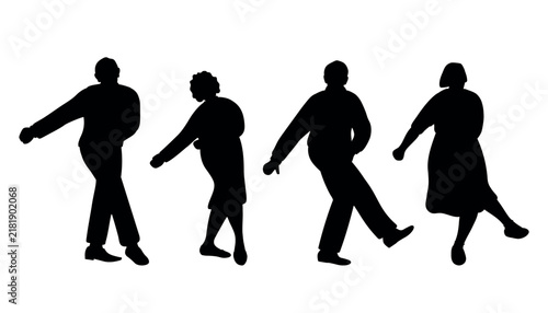 Dancing Senior People. Black Silhouettes. Elderly people. Old Men, Old Women have fun and dance. Positive active people. Vector illustration on White background