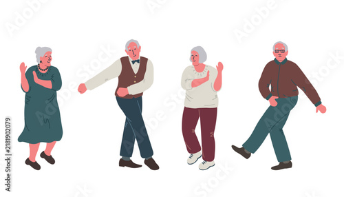 Dancing Senior People. Elderly people. Old Men, Old Women have fun and dance. Positive active people. Vector illustration on White background