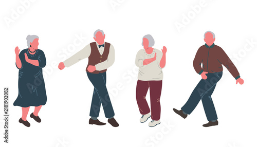 Dancing Senior People. Elderly people. Old Men, Old Women have fun and dance. Positive active people. Vector illustration on White background