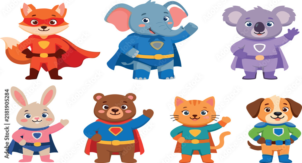 Obraz premium Cute Superhero Animals Set Fox Elephant Koala Bear Cat Dog Bunny in Cape Costume Vector Illustration