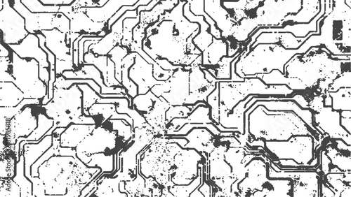 Abstract digital circuit board pattern with distressed texture and grunge elements for futuristic technology concepts
