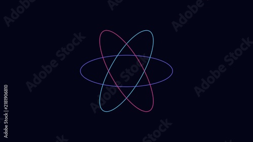 Rotating neon atom model: abstract science and technology 4k background, animation physics chemistry nucleus