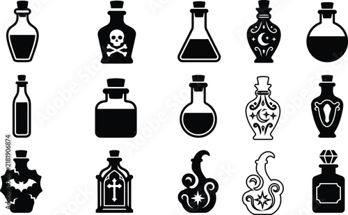 Canvastavla Set of black and white halloween potion bottles and magical elixir containers fo