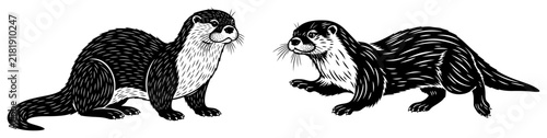 Otter animal silhouettes in vintage woodcut engraving style, playful sea or river otters vector illustration