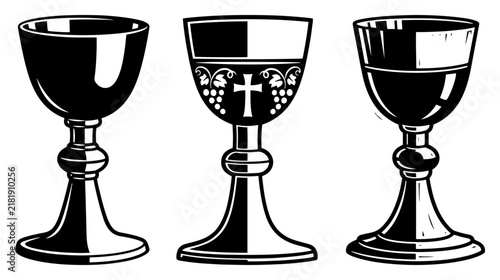 Foto Chalice and goblet cups set in vintage woodcut engraving style, holy grail or ri