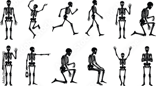 Set of black and white skeleton illustrations in various poses for creative halloweeen design projects and decorations
