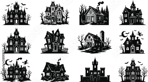 Set of twelve black silhouette illustrations featuring spooky haunted houses for a creative halloweeen design project