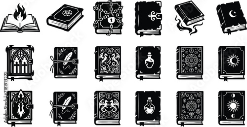 Foto Set of magical spell books and ancient grimoires for halloweeen themed designs a