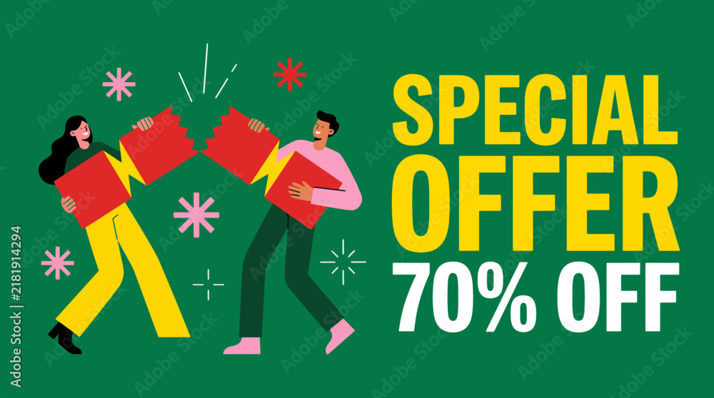 Fototapeta premium Special offer seventy percent off promo banner with shoppers pulling cracker