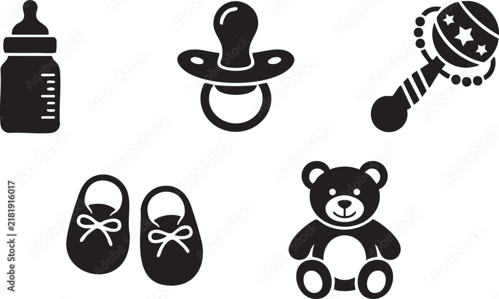 Fototapeta premium Baby Bottle Pacifier and Newborn Essentials Icon Set Silhouette