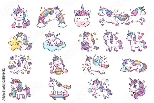 Set of cute unicorn stickers featuring pastel characters and rainbows. Concept of magical childhood and imaginative play. PNG