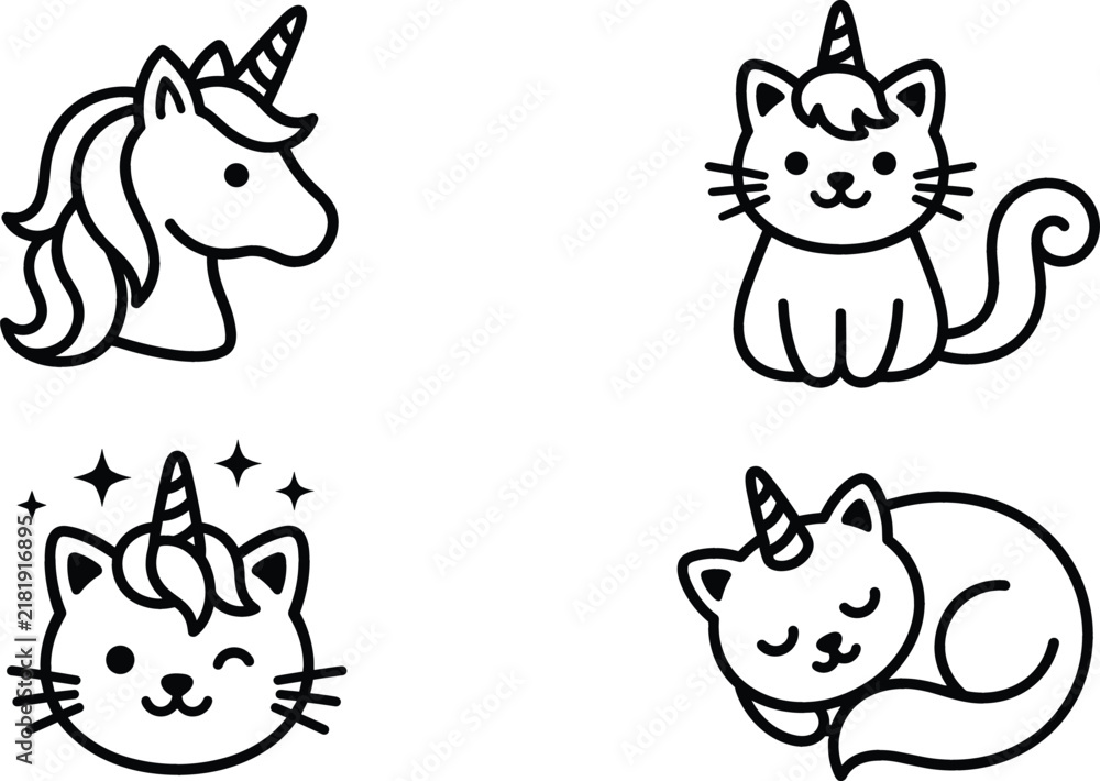 Fototapeta premium Cute caticorn fantasy unicorn cat vector icon set with magical character line art illustration