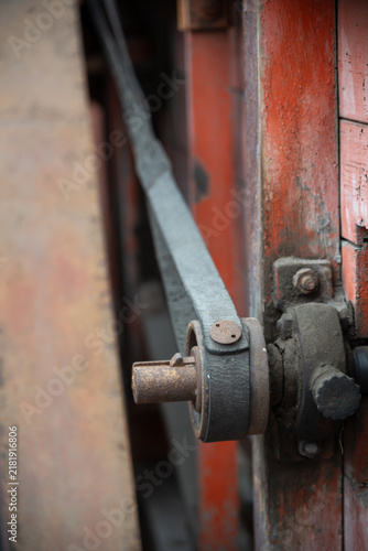 Obraz na plátne Close-up of the connected part of the belt drive on an old threshing machine