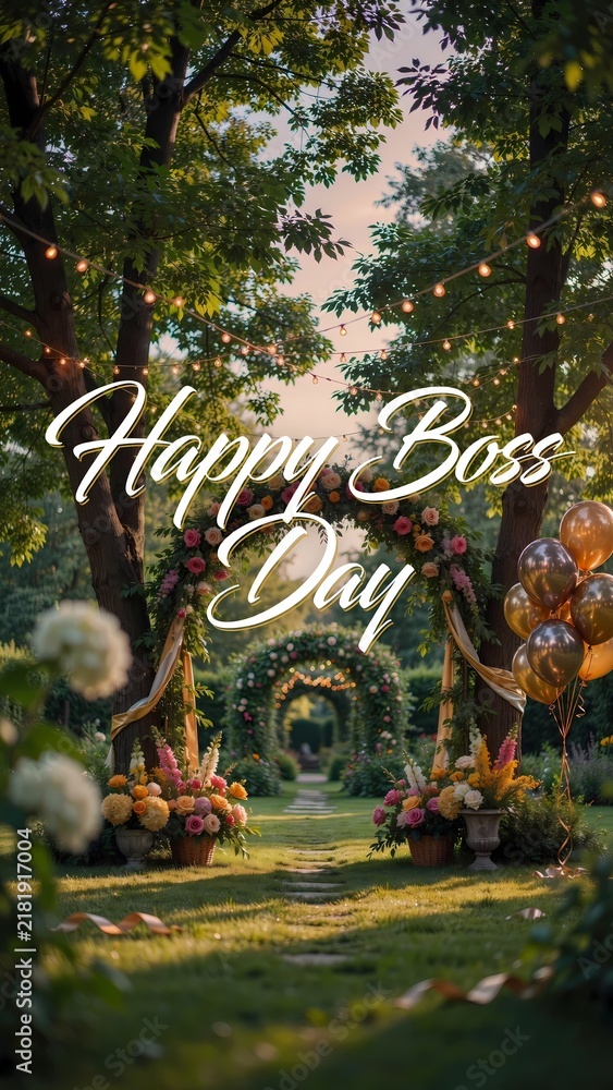 Obraz premium Happy Boss Day Glowing White Script Calligraphy with Floral Garden Arches, String Lights, and Golden Balloons Vertical Backdrop