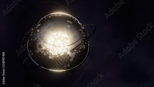 Dyson sphere megastructure under construction around a blazing star, hexagonal solar panels and orbital rings in deep space, seamless loop 4K