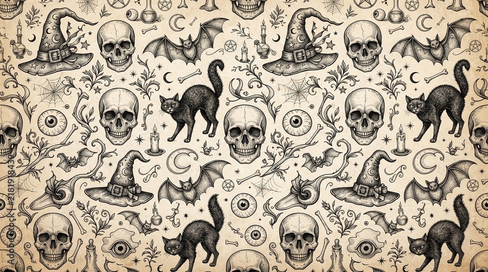 Fototapeta premium Black and White vintage style Halloween pattern with skulls black cats bats witch hats and eyes in hand-drawn monochrome illustration