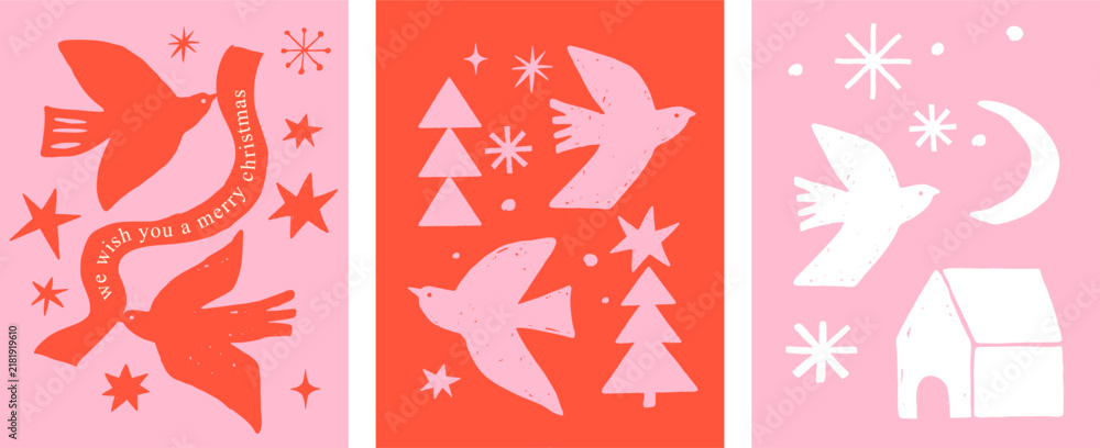 Obraz premium Pink and red vintage Merry Christmas greeting card collection with hand-drawn birds, stars, snowflakes and Christmas trees