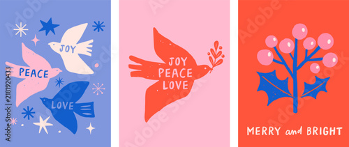 Vintage winter holiday Joy, Peace, Love greeting card collection with hand-drawn birds, snowflakes and festive holly branch with berries.
