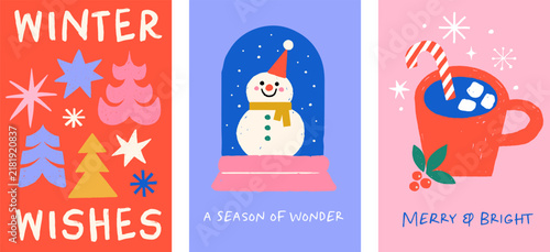 Vintage winter holiday greeting card collection with hand-drawn Christmas trees, snowflakes, snowman and mug of hot chocolate with candy cane and marshmallows
