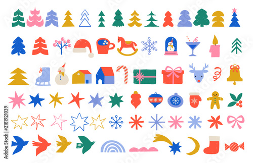 Colorful hand-drawn Christmas icon set with Christmas trees, stars, snowflakes, toys, gifts and houses. Modern winter holiday graphic elements collection.