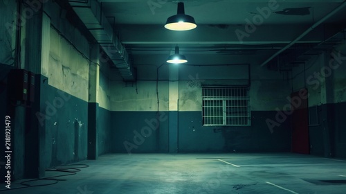 Dimly lit interior of an industrial space with overhead lights, evoking a sense of emptiness