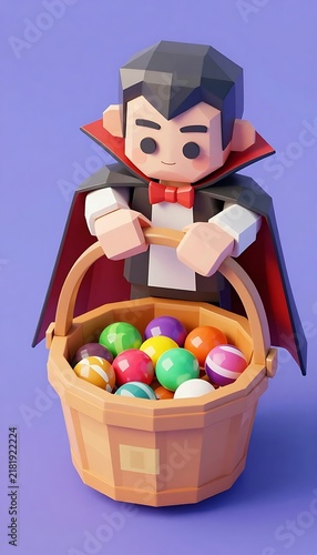 Low poly vampire character holding a basket of colorful candy, festive, Halloween holiday concept
