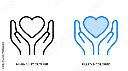 Minimalist Hands Cradling Heart Icon – Outline and Filled Colored Vector Design Concept