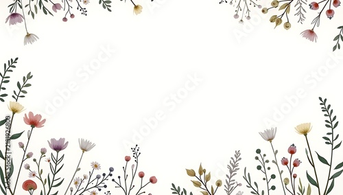 Beautiful hand drawn floral border frame with colorful wild flowers and green leaves