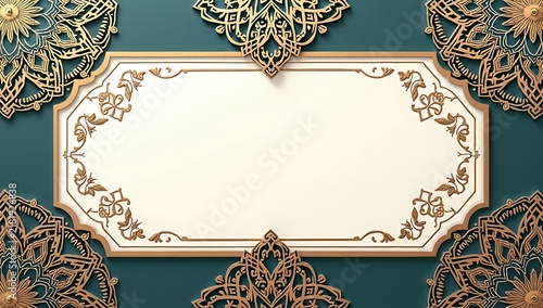 Elegant rectangle frame with dark green ornate mandala patterns and floral decorations
