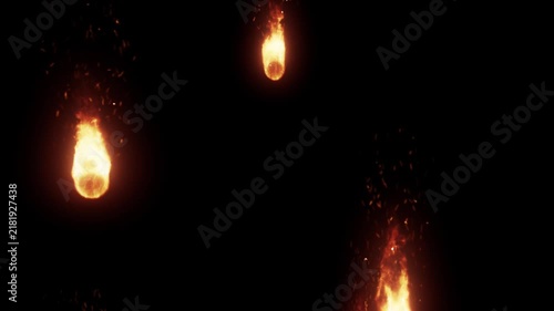 Meteorite Fireball Rain Storm 4K Loop features balls of fire streaming down in various sizes and speeds against a black background in a loop.
