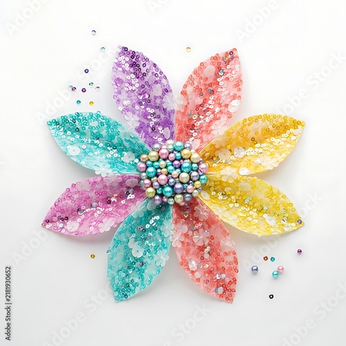 A handmade decorative flower crafted from colorful sequins and glossy beads