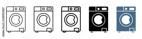 Washing Machine Icons: Line Art, Solid Black, and Blue Styles for Laundry and Appliance Concepts
