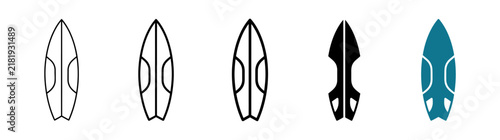 Surfboard Icons Set: Line Art, Silhouette, and Solid Blue Designs on White Background