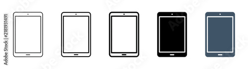 Set of tablet icons: outline, filled, black and blue versions on white background