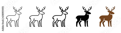 Deer Icons Set: Outline, Silhouette, and Colored Representations on White Background