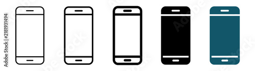 Set of five smartphone icons in different styles: outline, filled, and solid color, representing mobile technology.