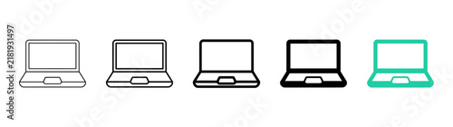 Set of five different laptop icons in various styles: outline, filled, bold, and colored. Represents technology, computing, and digital devices.