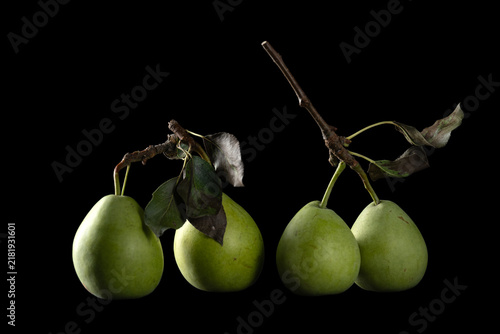 Bild auf Leinwand Green pears with branches on black background, dramatic chiaroscuro lighting – c