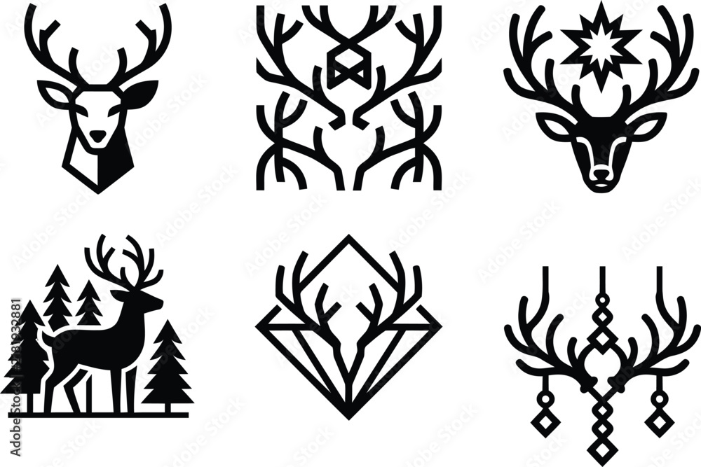 Obraz premium Collection of six black linear deer and antler illustrations for design projects isolated on transparent background