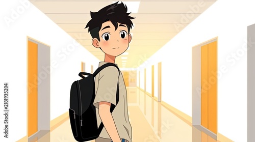 A young student with a backpack is walking down a brightly lit school hallway looking back with a smile enjoying the school environment during the day